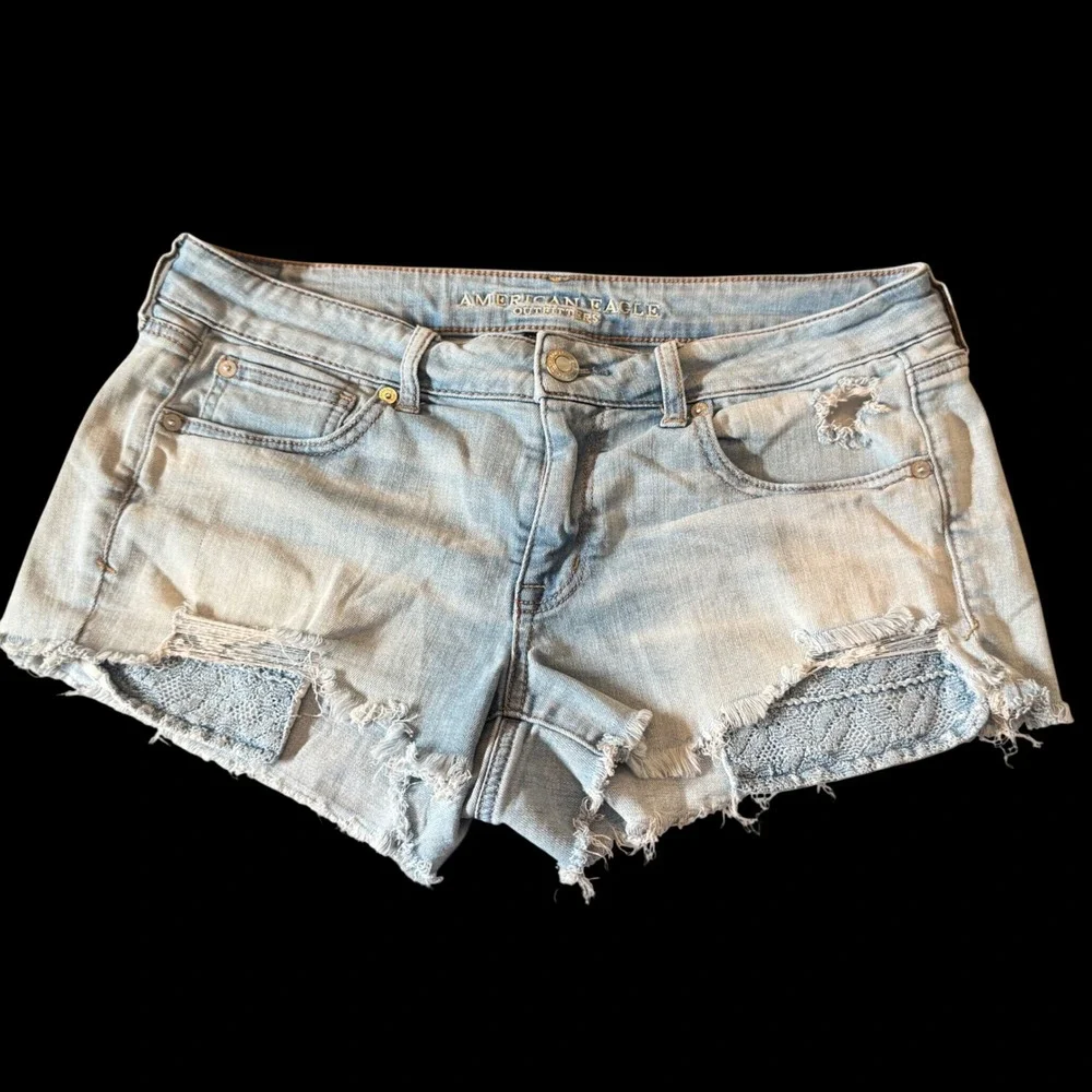 American Eagle Shortie Shorts 10 Blue Distressed Super Stretch X Lace Festival